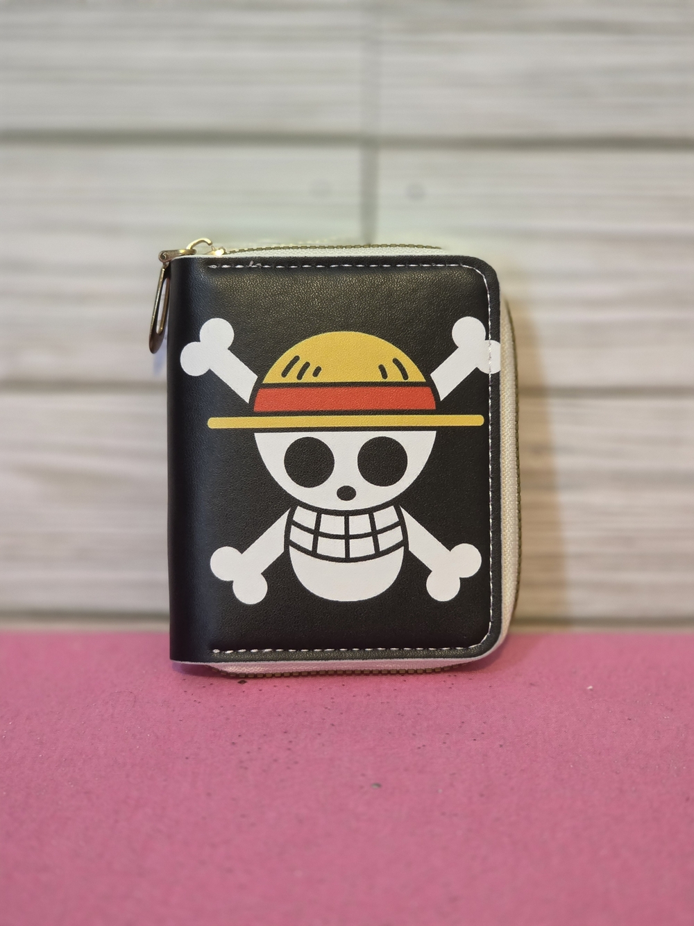 One Piece Monkey D. Luffy Straw Hat Jolly Roger Black Zip Wallet